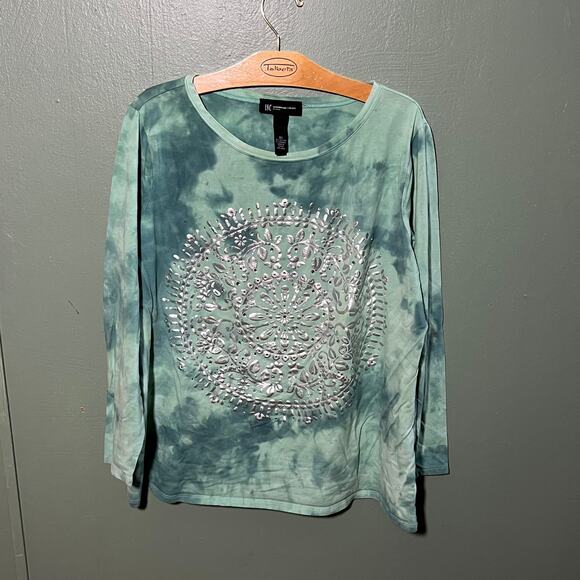 INC Sage Green Tie Dye Long Sleeve Top with Metallic Mandala Design - Picture 1 of 3